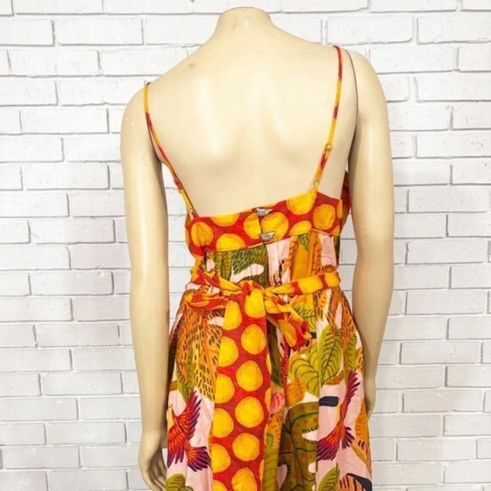 Farm Rio Summer Dream Ruffle Print Maxi Dress Red Yellow Green | Size Large - Picture 5 of 11